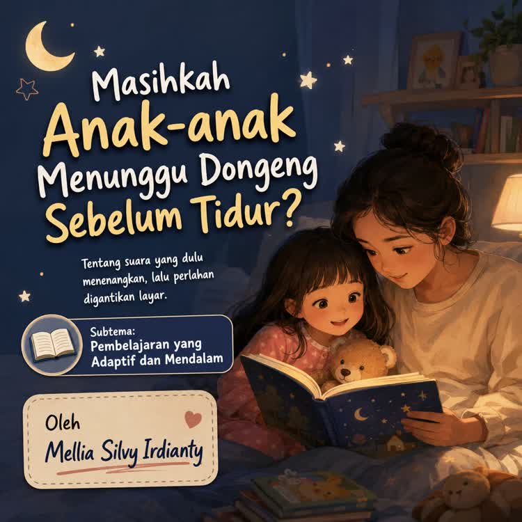 Ilustrasi anak membaca buku sebelum tidur